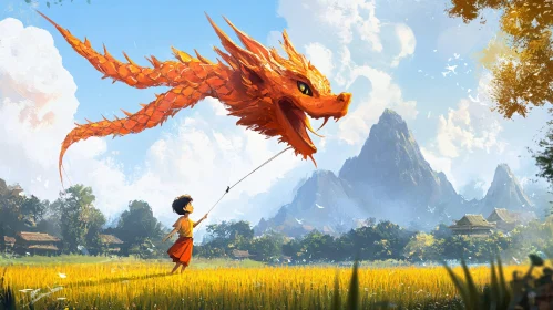 Orange Dragon Kite Over Golden Field