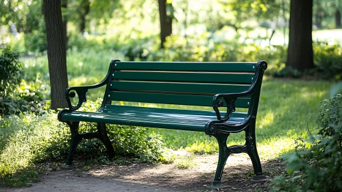 Tranquil Forest Park Scene with Green Bench