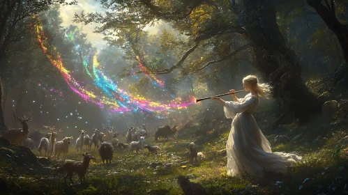 Forest Flute Player with Rainbow Light