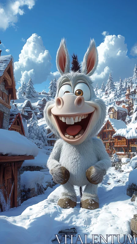 Joyful Cartoon Donkey in Snowy Village AI Image