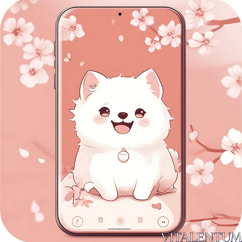 Cute Anime Puppy Amid Cherry Blossoms AI Image