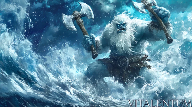 White Monster with Axes in Storm AI Image