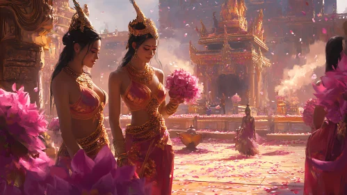 Women in Golden Dresses with Pink Flowers