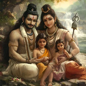 Serene Hindu Family by the Waterfall
