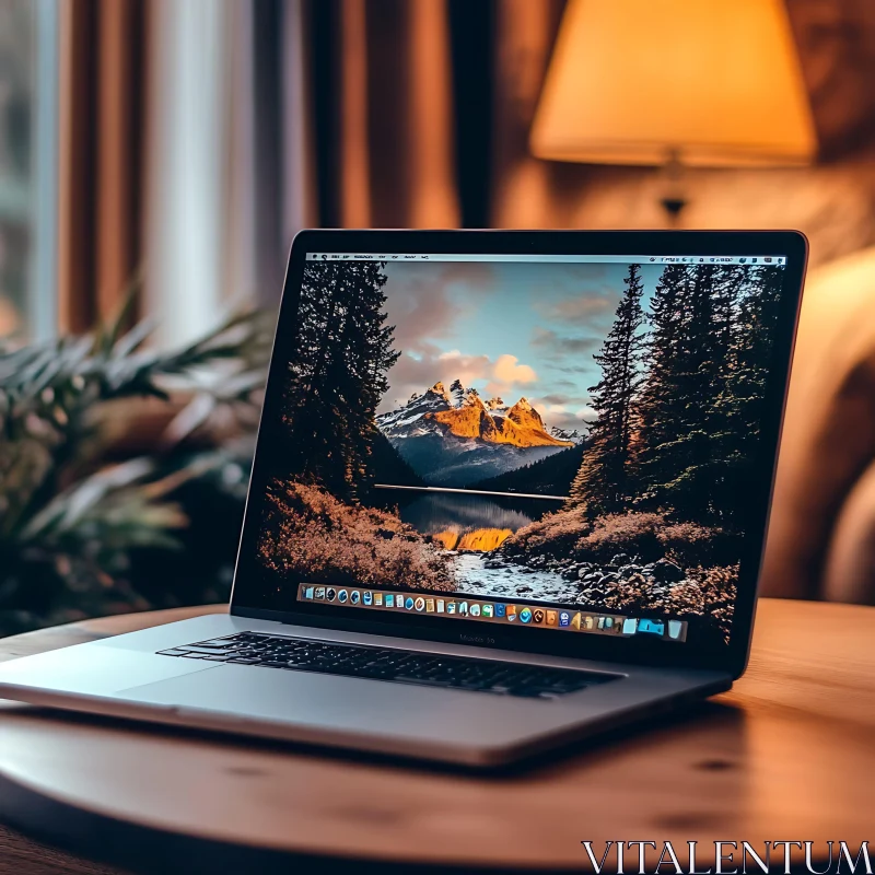 Laptop with Mountain Landscape Wallpaper on Wooden Table AI Image