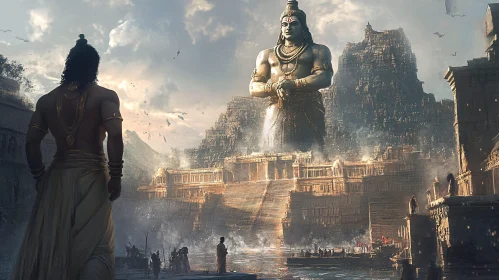 Monumental Statue Overlooking Ancient Metropolis
