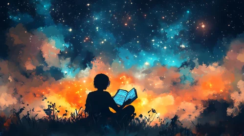 Silhouette Reading Under Starry Sky