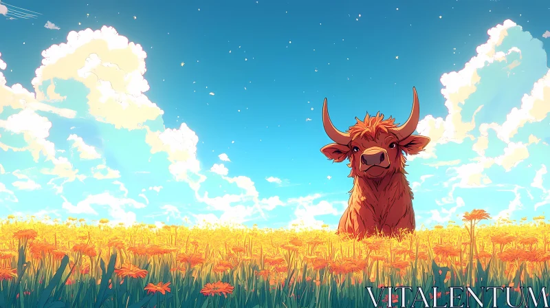 Cow Amidst Blossoms and Blue Skies AI Image