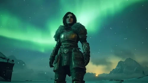 Armored Woman in Aurora Landscape