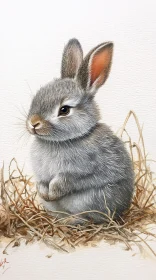 Fluffy Grey Bunny in Straw Nest