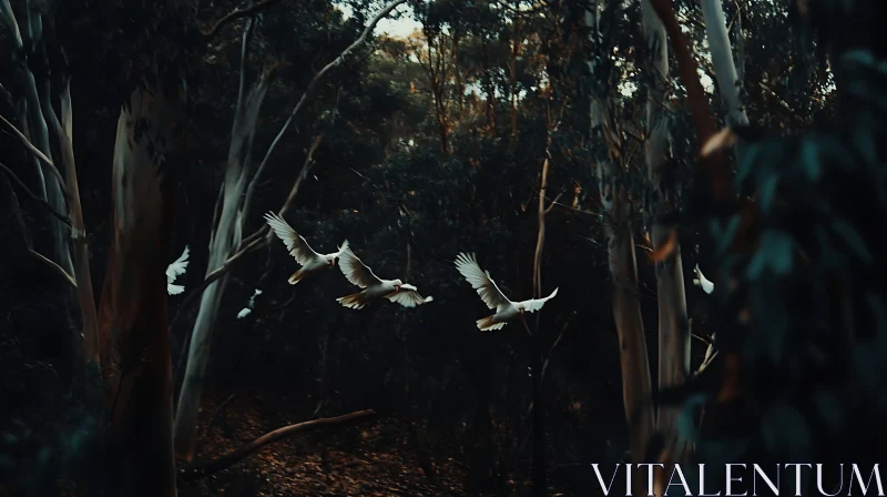 White Birds Flying in Dark Woods AI Image