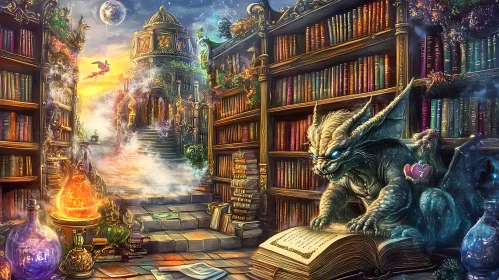 Ancient Library with Gargoyle Guardian