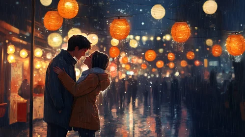 Couple's Rainy Night Embrace