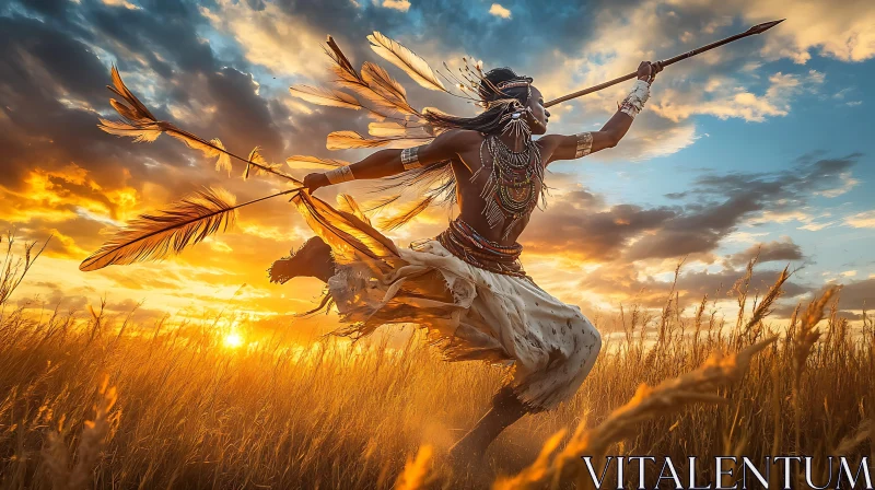 AI ART Tribal Warrior Sunset Spear Throw