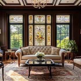 Elegant Living Room with Tufted Sofa and Stained Glass Windows