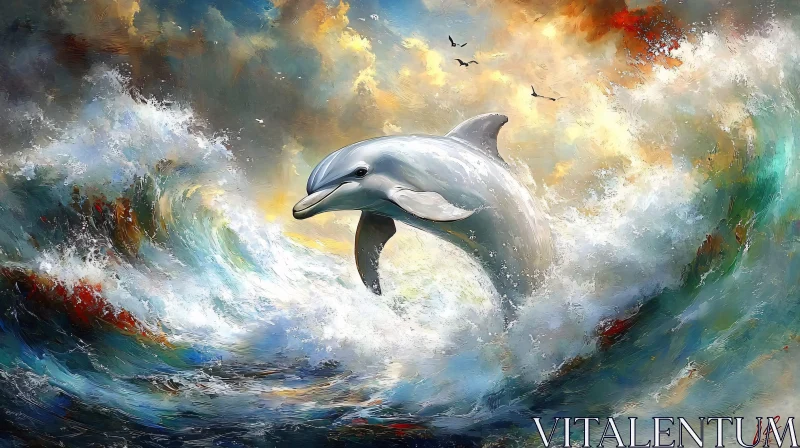 Marine Life Art with Dolphin and Waves AI Image