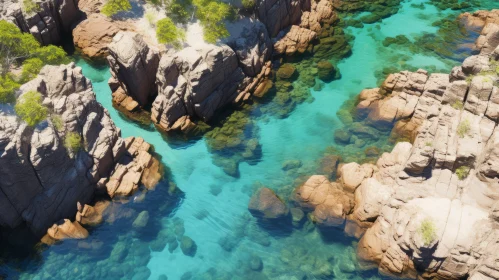 Aerial View of Rocky Island with Blue Water and Sand | Hyper-Realistic Art
