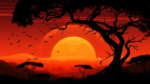 African Sunset Silhouette: Captivating Nature-Inspired Illustration