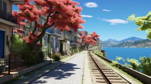 Anime-Inspired Train Track Scene with Red Flowers