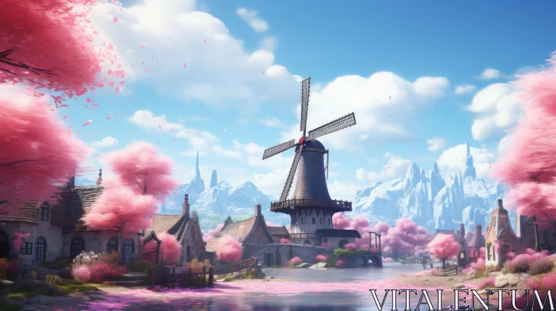 Anime Style Windmill in a Pink Landscape - Medieval Inspired Artwork AI Image