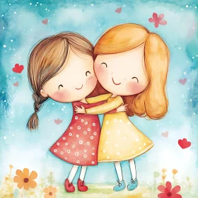 Cartoon Girls Hugging Illustration