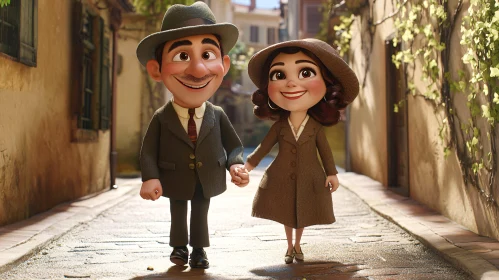 Charming Cartoon Couple Walking Together