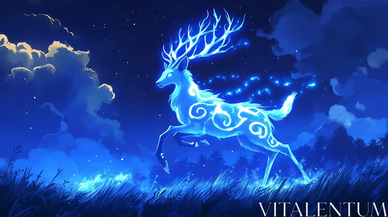 Luminous Deer Leaping Through Night Field AI Image