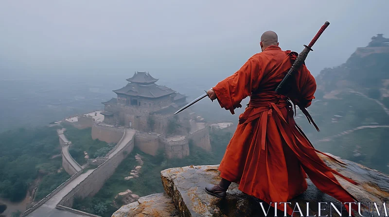 AI ART Shaolin Monk with Swords on Cliff