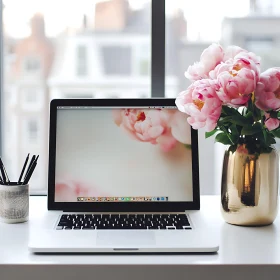 Sleek Office Desk with Floral Vase and Laptop