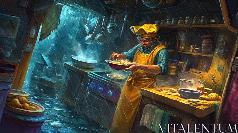 Rustic Kitchen Scene with Chef AI Image