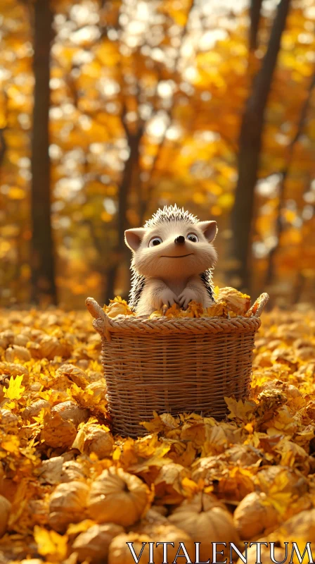 Hedgehog in Basket Among Fall Leaves AI Image