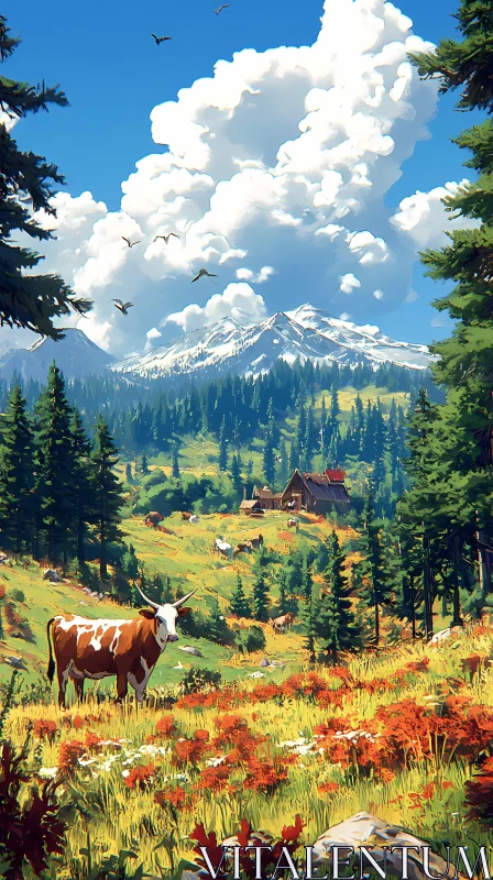 Peaceful Mountain Meadow Scene AI Image