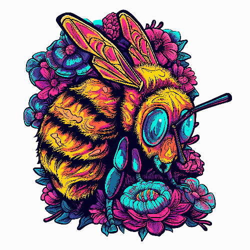 Digital Art Illustration of Bee Amidst Flowers POD Design