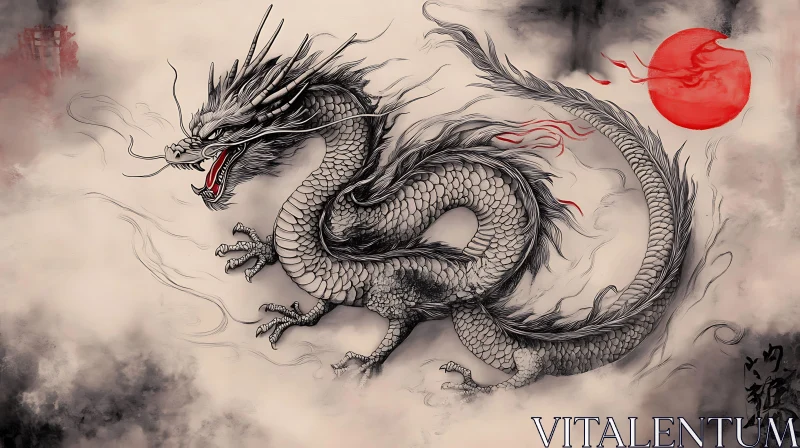 AI ART Eastern Dragon with Red Sun Art