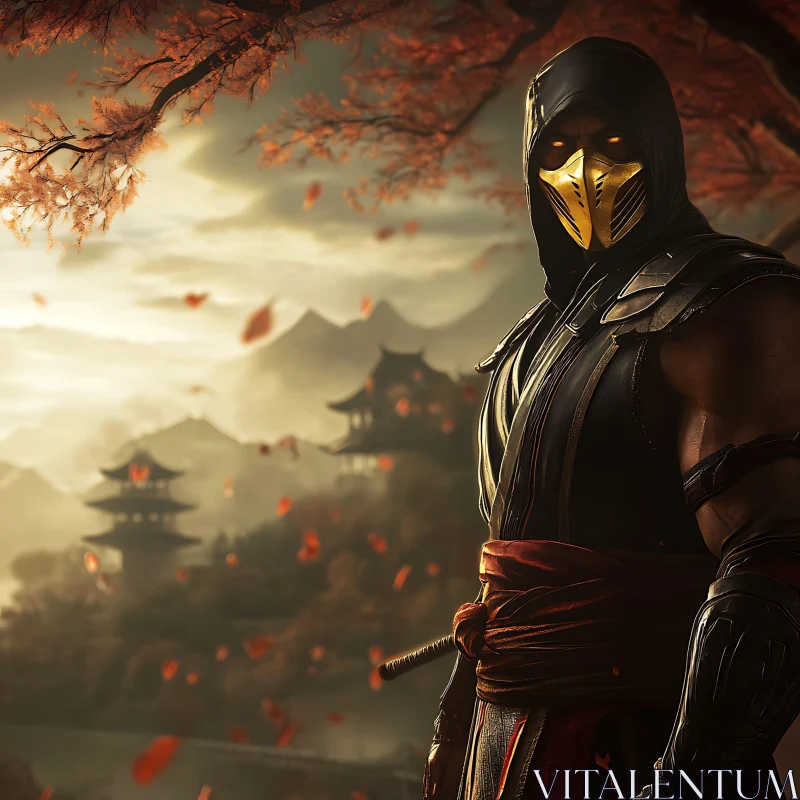 Golden Masked Warrior in Autumn Landscape AI Image