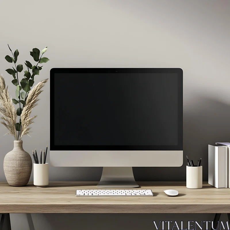 Modern Office Desk with Computer and Decor AI Image