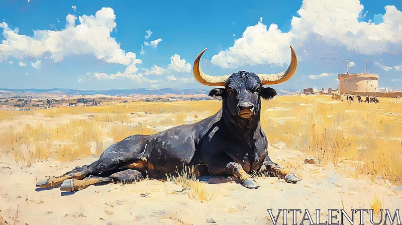 Regal Bull in a Rural Landscape AI Image