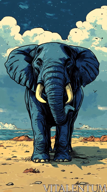 Illustrated Elephant at the Shore AI Image