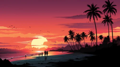 Romantic Sunset on a Tropical Beach with Silhouette Palm Trees