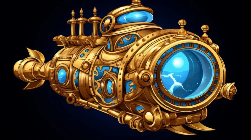 Steampunk Vessel with Blue Lights - Golden Age Illustration