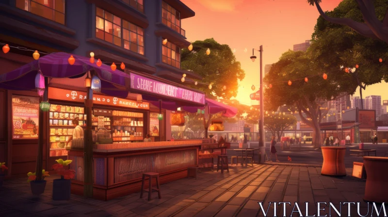 Sunlit Chinapunk City Scene with Tavern and Beach AI Image