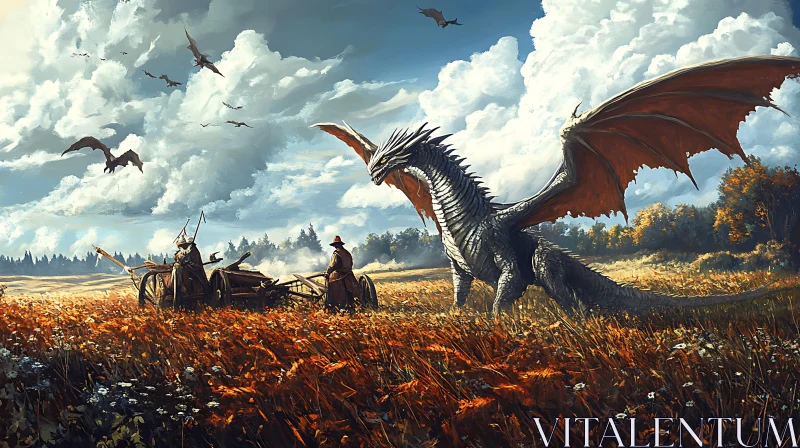 AI ART Fantasy Dragon in Field with Figures