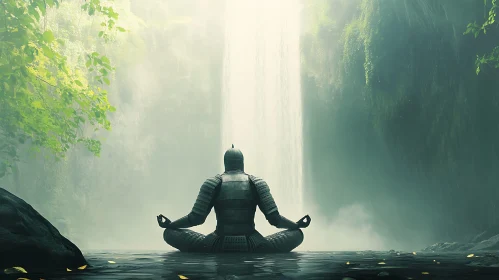 Meditative Warrior by the Waterfall