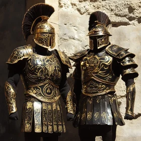 Golden Armor Figures Against Stone Wall