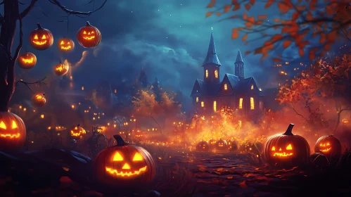 Spooky Castle with Glowing Pumpkins