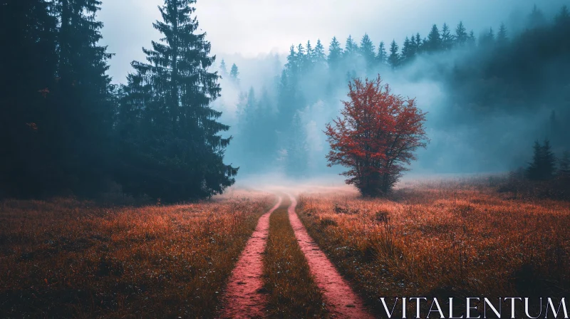 Foggy Woodland with Red-Leafed Tree AI Image