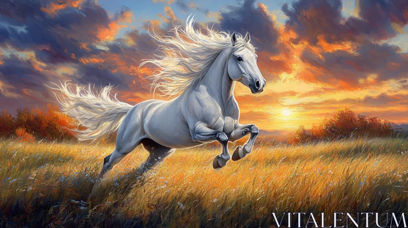 White Horse in a Golden Field at Dusk AI Image