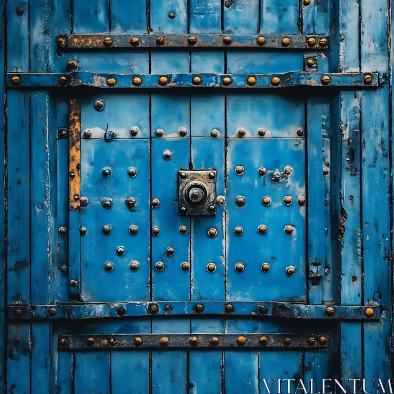 Weathered Blue Door with Metal Accents AI Image