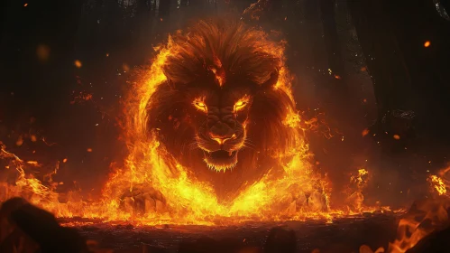 Lion in Flames within Dark Forest