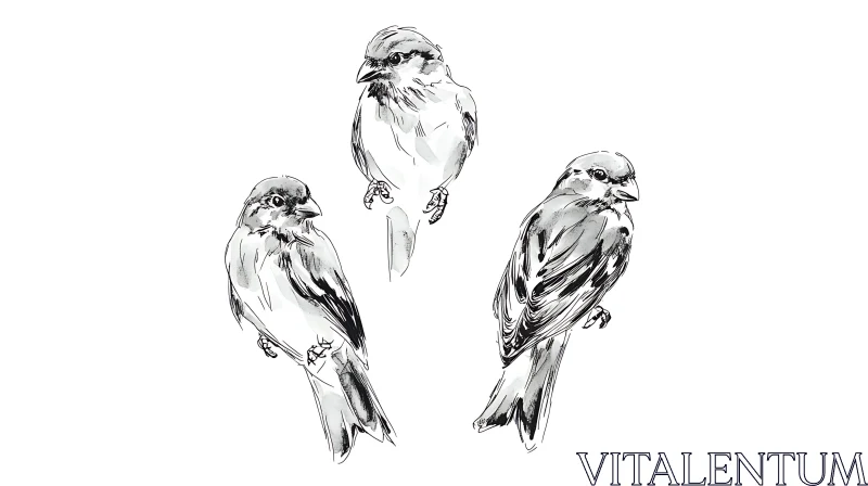 Three Sparrows on White Background AI Image